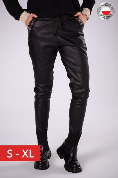 Pantaloni slim fit dama, aspect ceruit, negru